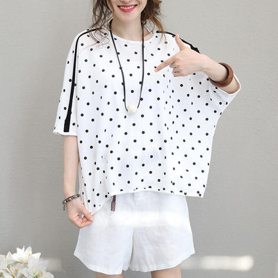 2018 white cotton tops plus size shirts Fine batwing sleeve dotted cotton tops - bagstylebliss