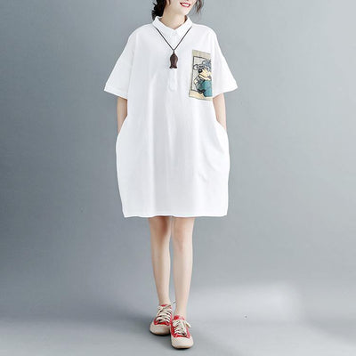 2018 white pure cotton dress oversize clothing dresses 2018 short sleeve Turn-down Collar clothing dresses - bagstylebliss