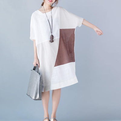 2018 white pure cotton linen dress oversize vintage half sleeve patchwork O neck pockets cotton linen dress - bagstylebliss