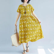 2018 yellow cotton blended shift dresses oversize clothing dress New short sleeve print drawstring clothing dress - bagstylebliss