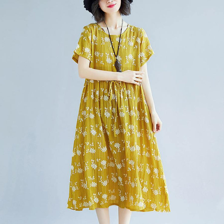 2018 yellow cotton blended shift dresses oversize clothing dress New short sleeve print drawstring clothing dress - bagstylebliss