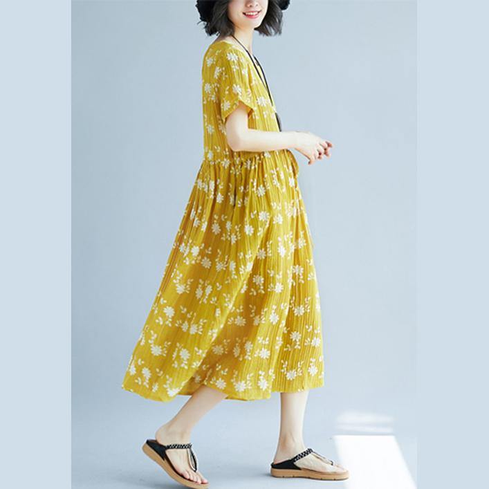 2018 yellow cotton blended shift dresses oversize clothing dress New short sleeve print drawstring clothing dress - bagstylebliss