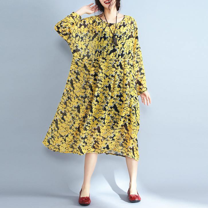 2018 yellow floral natural chiffon dress  Loose fitting o neck traveling dress - bagstylebliss