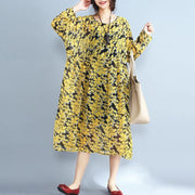 2018 yellow floral natural chiffon dress  Loose fitting o neck traveling dress - bagstylebliss