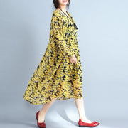 2018 yellow floral natural chiffon dress  Loose fitting o neck traveling dress - bagstylebliss