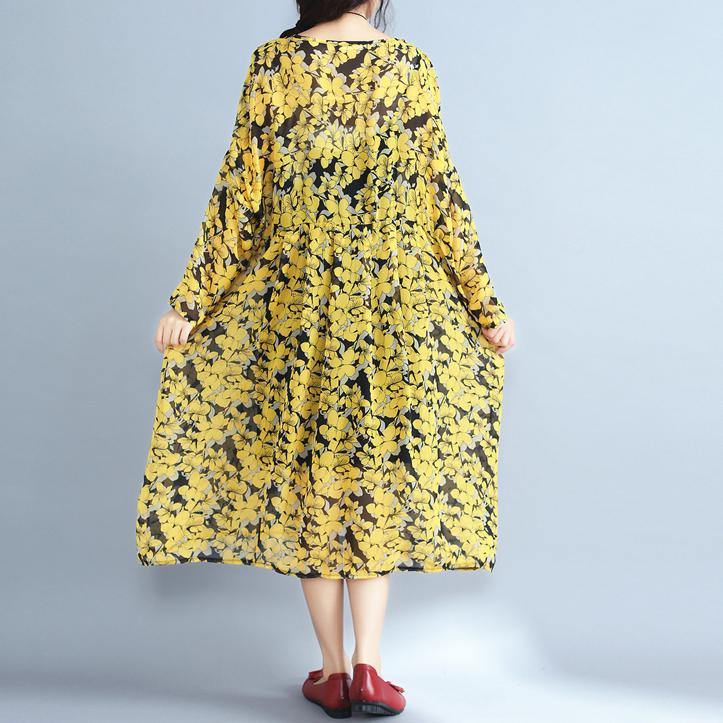 2018 yellow floral natural chiffon dress  Loose fitting o neck traveling dress - bagstylebliss