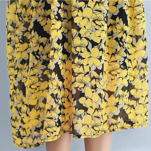 2018 yellow floral natural chiffon dress  Loose fitting o neck traveling dress - bagstylebliss