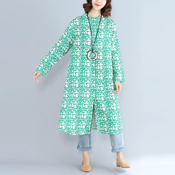 2018green print long cotton linen dresses plus size clothing Stand cotton linen gown casual long sleeve side open baggy dresses - bagstylebliss