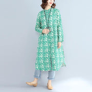 2018green print long cotton linen dresses plus size clothing Stand cotton linen gown casual long sleeve side open baggy dresses - bagstylebliss