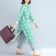 2018green print long cotton linen dresses plus size clothing Stand cotton linen gown casual long sleeve side open baggy dresses - bagstylebliss