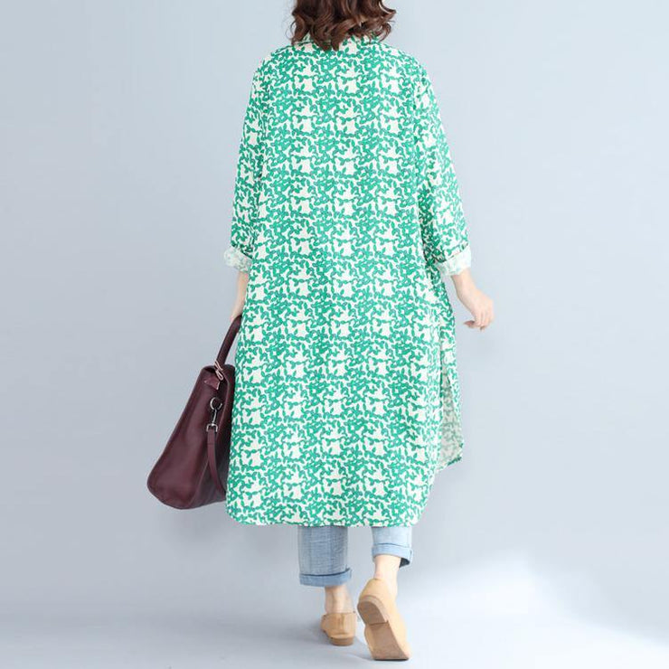 2018green print long cotton linen dresses plus size clothing Stand cotton linen gown casual long sleeve side open baggy dresses - bagstylebliss