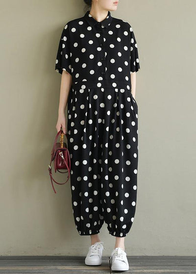 2019 Fine black dotted lapel half sleeve jumpsuit pants - bagstylebliss