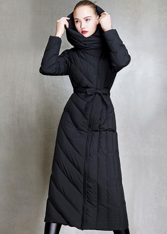 2019 Loose fitting womens parka hooded winter outwear black  tie waist down coat winter - bagstylebliss
