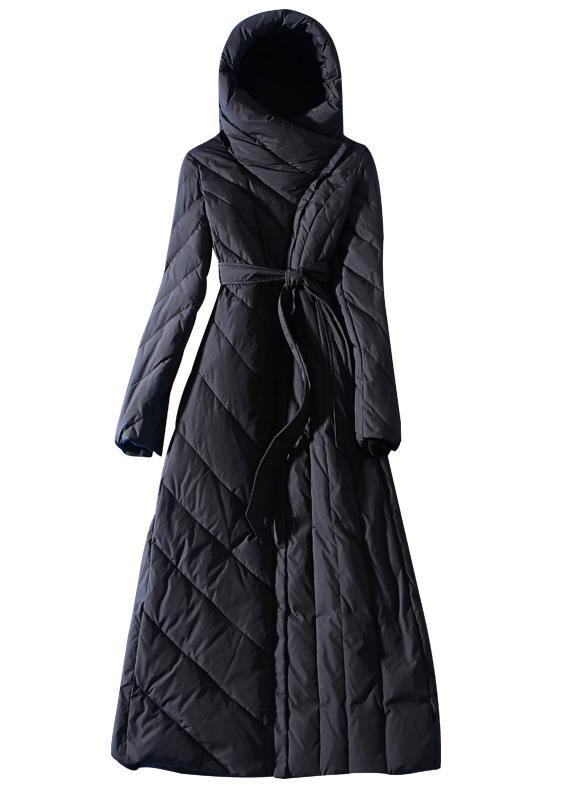 2019 Loose fitting womens parka hooded winter outwear black  tie waist down coat winter - bagstylebliss