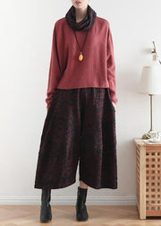 2019 autumn and winter literary wide leg pants large size jacquard retro nine points red pants - bagstylebliss