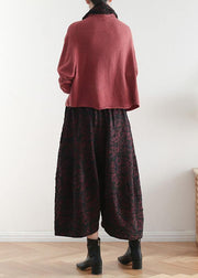 2019 autumn and winter literary wide leg pants large size jacquard retro nine points red pants - bagstylebliss