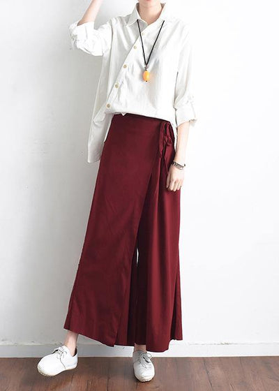 2019 autumn original design literary retro tie irregular wide leg casual burgundy pants - bagstylebliss