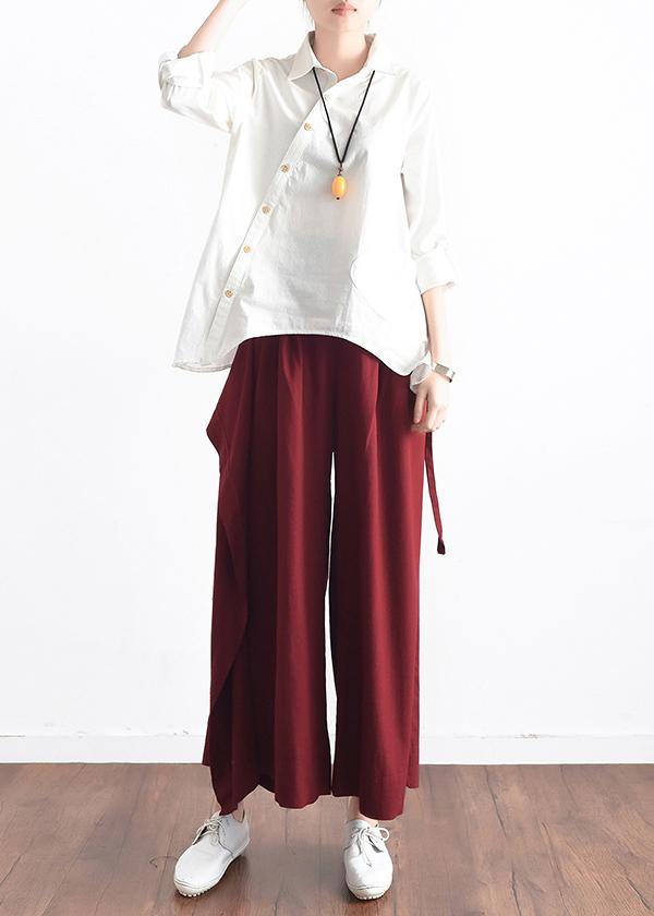 2019 autumn original design literary retro tie irregular wide leg casual burgundy pants - bagstylebliss