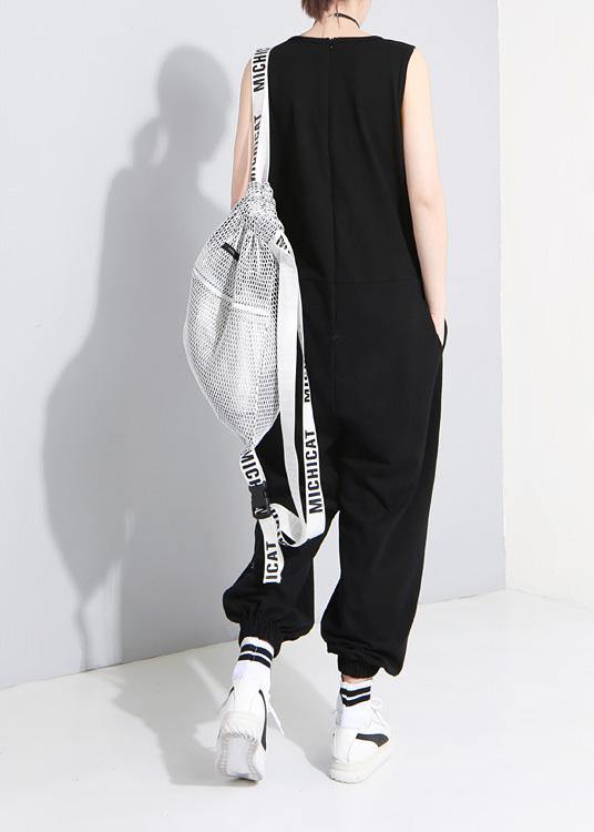 2019 black fashion cotton linen sleeveless tops casual jumpsuit pants - bagstylebliss