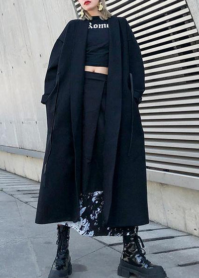 2019 black woolen overcoat plus size winter Notched tie waist coat - bagstylebliss