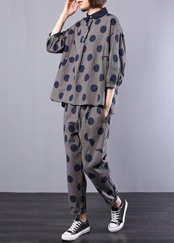 2019 blue dotted cotton lapel collar tops and elastic waist pants two pieces - bagstylebliss