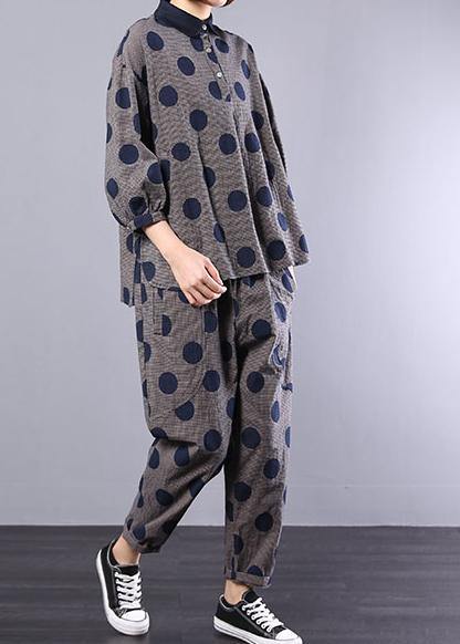 2019 blue dotted cotton lapel collar tops and elastic waist pants two pieces - bagstylebliss