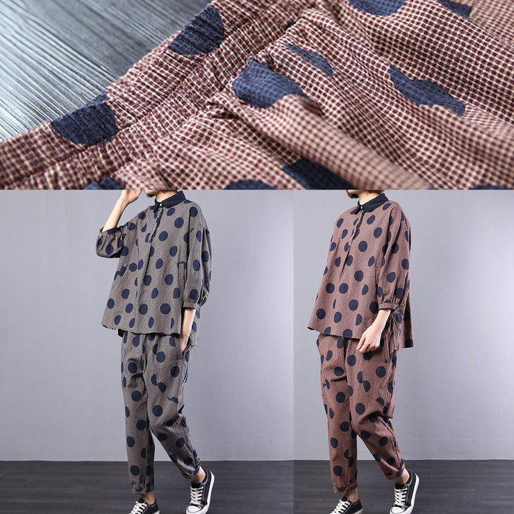 2019 blue dotted cotton lapel collar tops and elastic waist pants two pieces - bagstylebliss