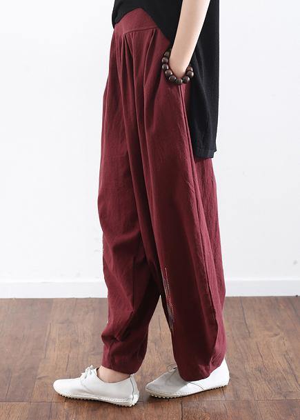 2019 burgundy cotton linen wide leg pant plus size traveling pants - bagstylebliss