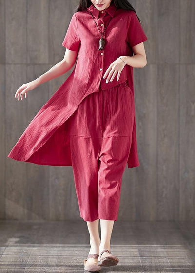 2019 casual two pieces women red asymmetric lapel tops and pockets harem pants - bagstylebliss