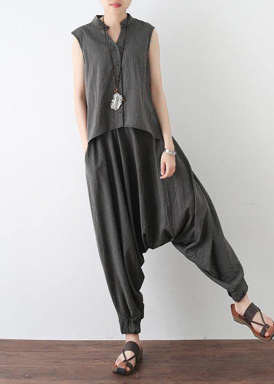 2019 gray casual cotton linen two pieces sleeveless tops and casual pants - bagstylebliss