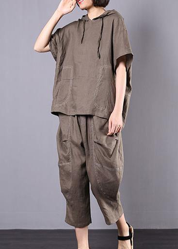 2019 gray cotton linen loose hooded tops and women harem pants two pieces - bagstylebliss