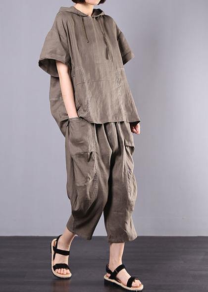 2019 gray cotton linen loose hooded tops and women harem pants two pieces - bagstylebliss