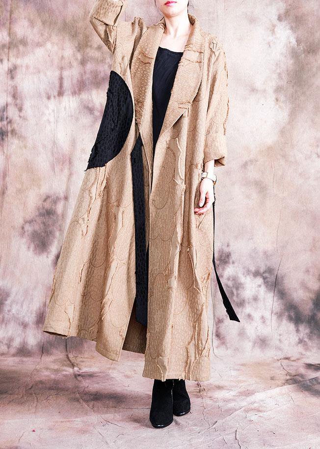 2019 khaki Coat Women plus size clothing fall turn-down collar tie waist Coats - bagstylebliss