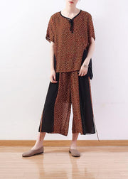 2019 khaki casual two pieces chiffon dotted tops and patchwork wide leg pants - bagstylebliss