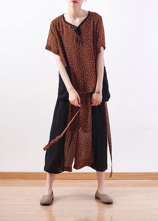 2019 khaki casual two pieces chiffon dotted tops and patchwork wide leg pants - bagstylebliss