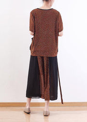 2019 khaki casual two pieces chiffon dotted tops and patchwork wide leg pants - bagstylebliss