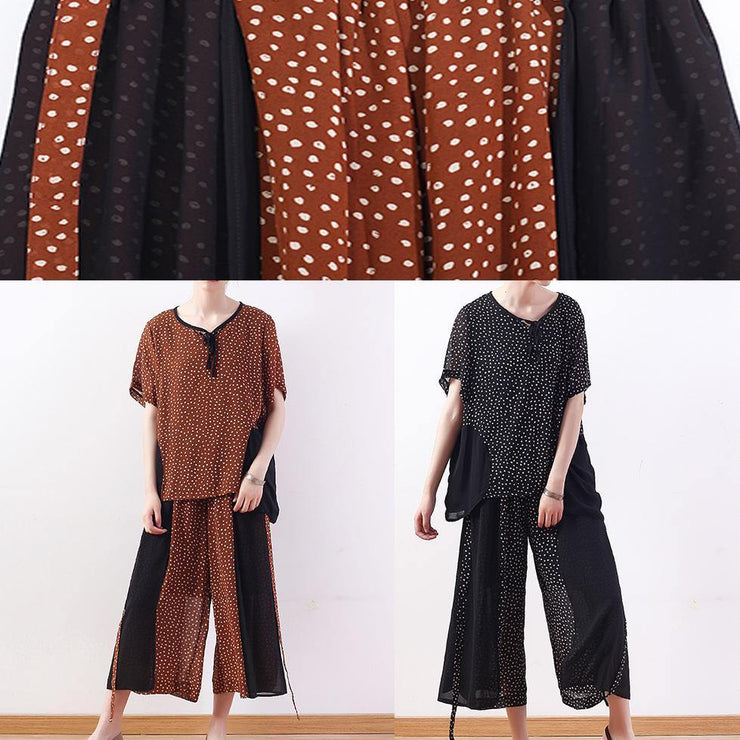 2019 khaki casual two pieces chiffon dotted tops and patchwork wide leg pants - bagstylebliss