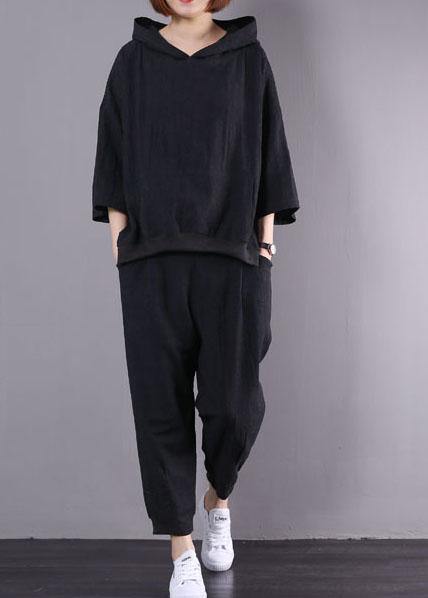 2019 new black cotton linen two pieces hooded pullover and elastic waist pants - bagstylebliss