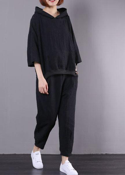 2019 new black cotton linen two pieces hooded pullover and elastic waist pants - bagstylebliss