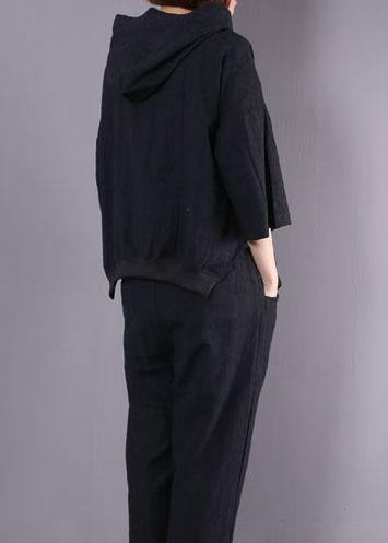 2019 new black cotton linen two pieces hooded pullover and elastic waist pants - bagstylebliss