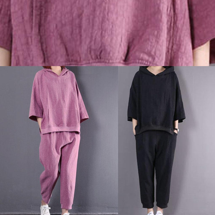 2019 new black cotton linen two pieces hooded pullover and elastic waist pants - bagstylebliss