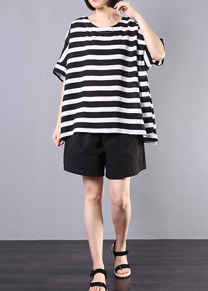 2019 new cotton blended black striped short sleeve pullover with elastic waist short two pieces - bagstylebliss