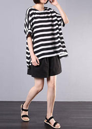 2019 new cotton blended black striped short sleeve pullover with elastic waist short two pieces - bagstylebliss