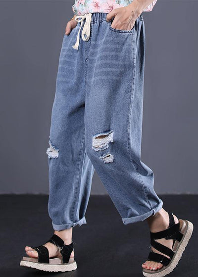 2019 new denim blue plus size pants elastic waist drawstring ripped Jeans - bagstylebliss