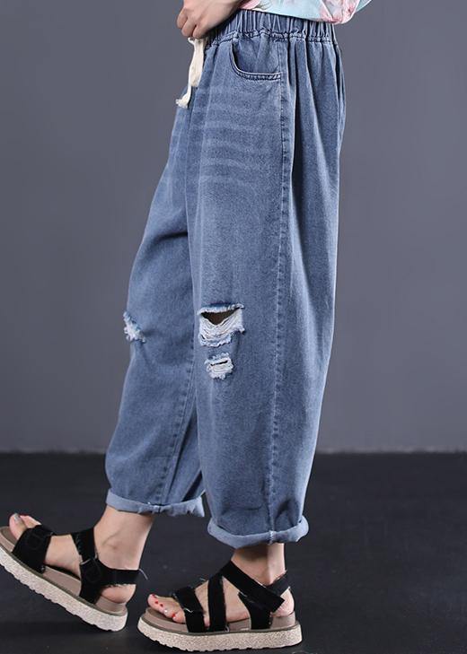 2019 new denim blue plus size pants elastic waist drawstring ripped Jeans - bagstylebliss