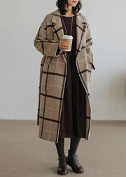 2019 plaid wool coat plus size Notched pockets long woolen outwear - bagstylebliss