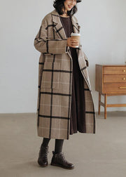 2019 plaid wool coat plus size Notched pockets long woolen outwear - bagstylebliss