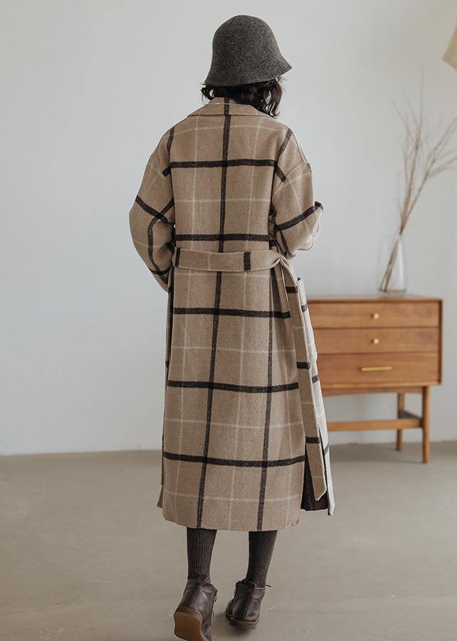 2019 plaid wool coat plus size Notched pockets long woolen outwear - bagstylebliss