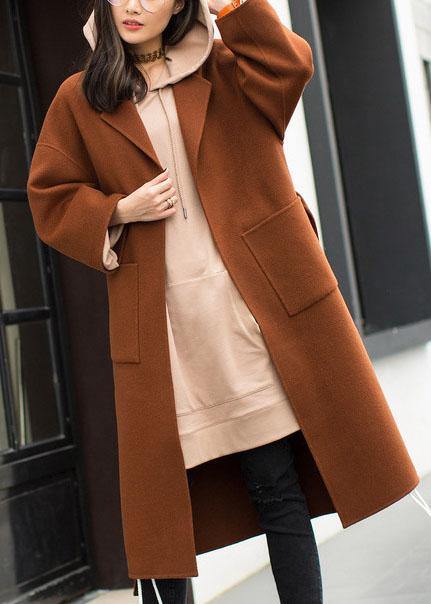 2019 plus size medium length coat Notched coat brown tie waist side open Woolen Coat Women - bagstylebliss