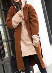 2019 plus size medium length coat Notched coat brown tie waist side open Woolen Coat Women - bagstylebliss